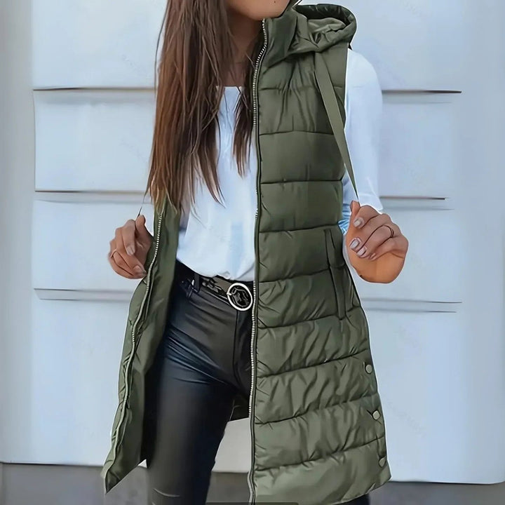 Women's Hooded Long Sleeveless Puffer Vest Lightweight Layering Gilet - Olive Green