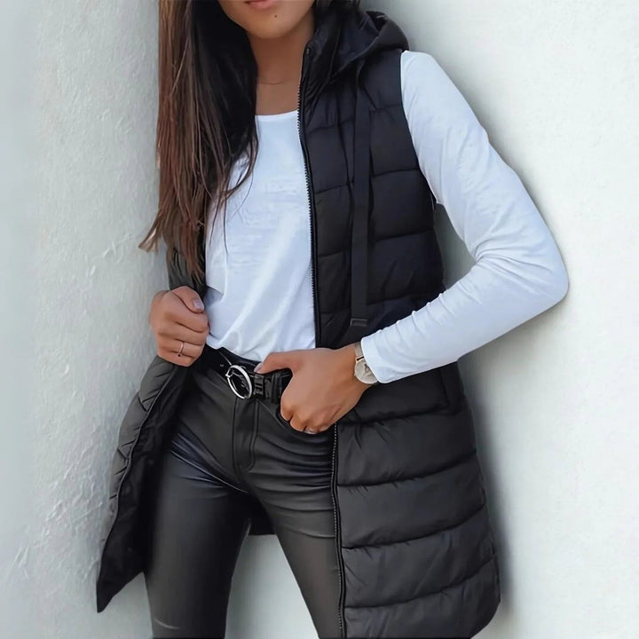 Women's Hooded Long Sleeveless Puffer Vest Lightweight Layering Gilet - Black