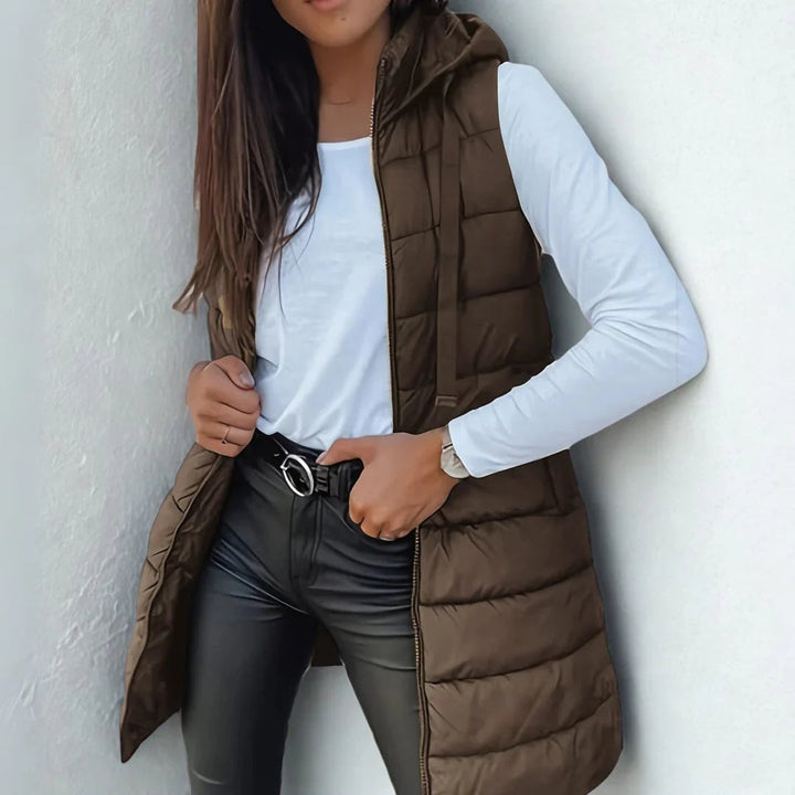 Women's Hooded Long Sleeveless Puffer Vest Lightweight Layering Gilet - Brown