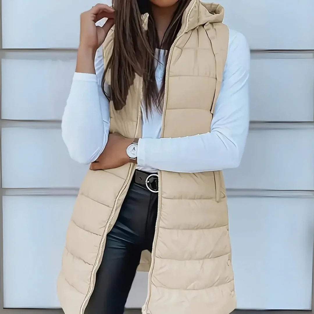 Women's Hooded Long Sleeveless Puffer Vest Lightweight Layering Gilet - Beige