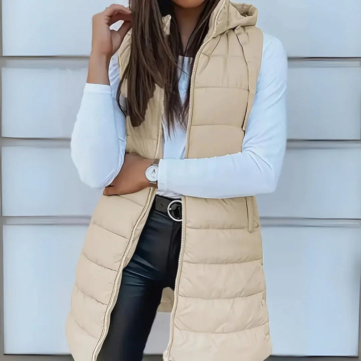 Women's Hooded Long Sleeveless Puffer Vest Lightweight Layering Gilet - Beige
