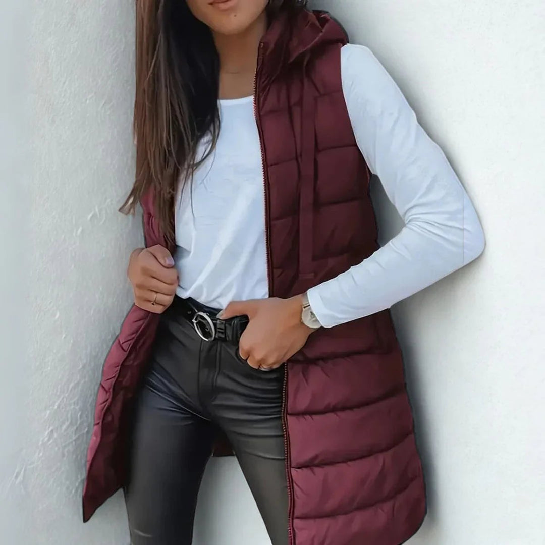 Women's Hooded Long Sleeveless Puffer Vest Lightweight Layering Gilet - Chestnut Brown
