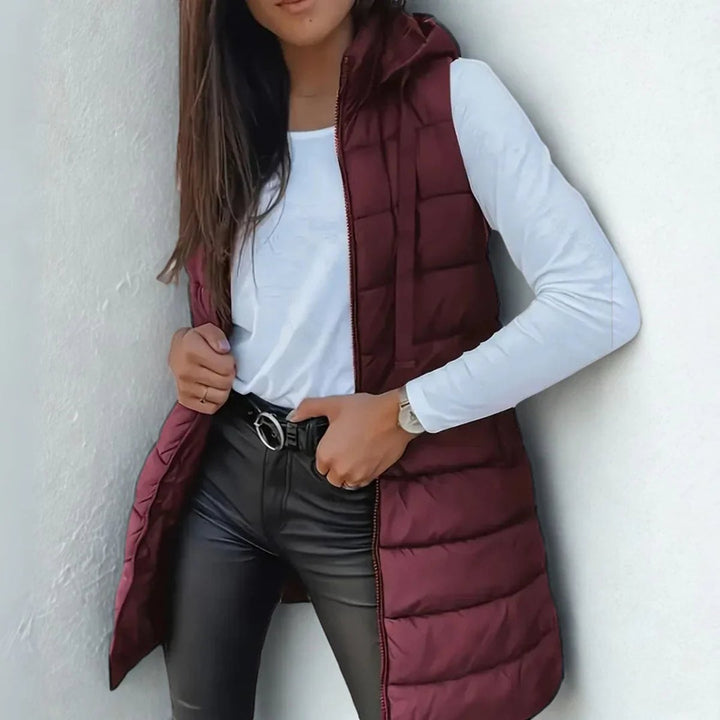 Women's Hooded Long Sleeveless Puffer Vest Lightweight Layering Gilet - Chestnut Brown