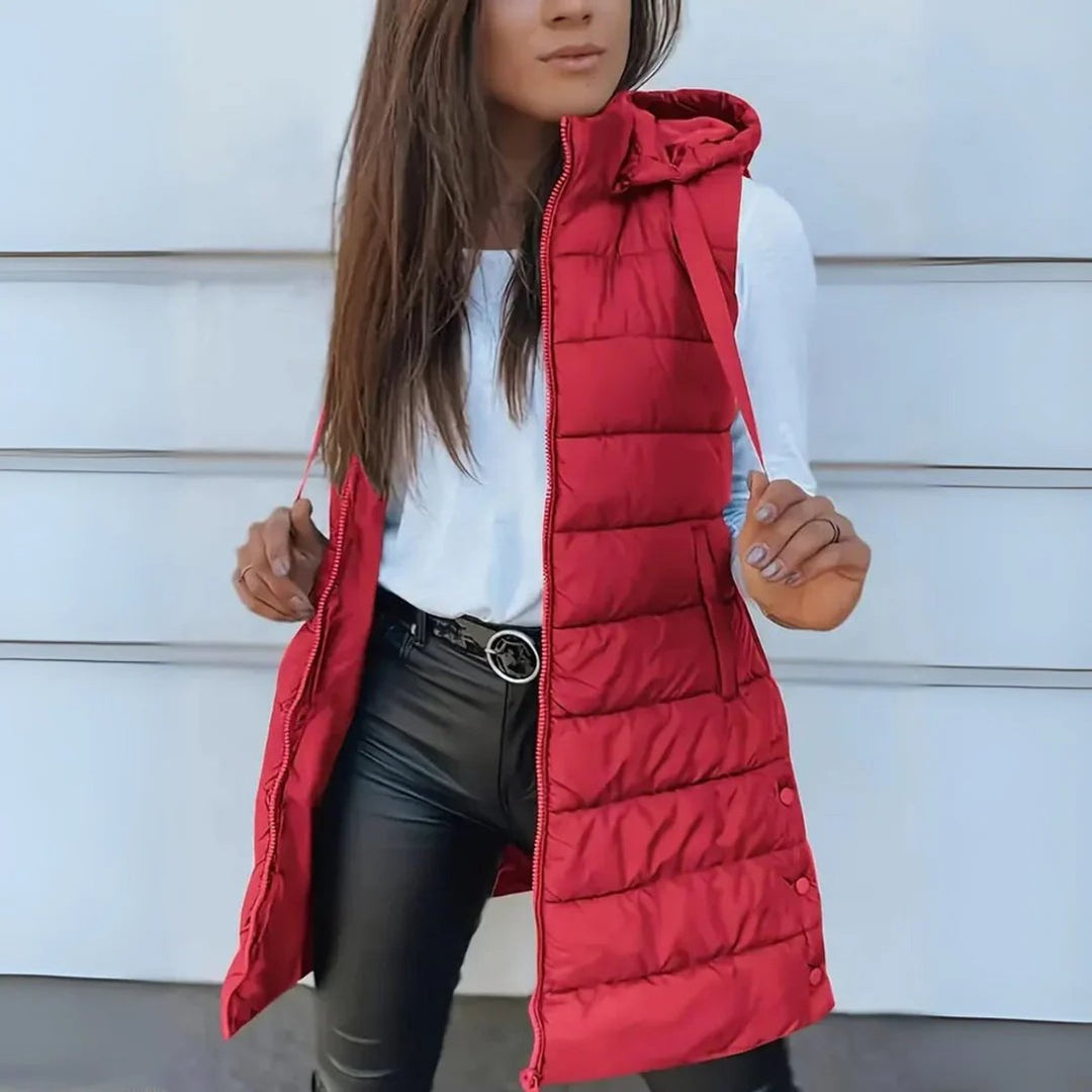 Women's Hooded Long Sleeveless Puffer Vest Lightweight Layering Gilet - Red