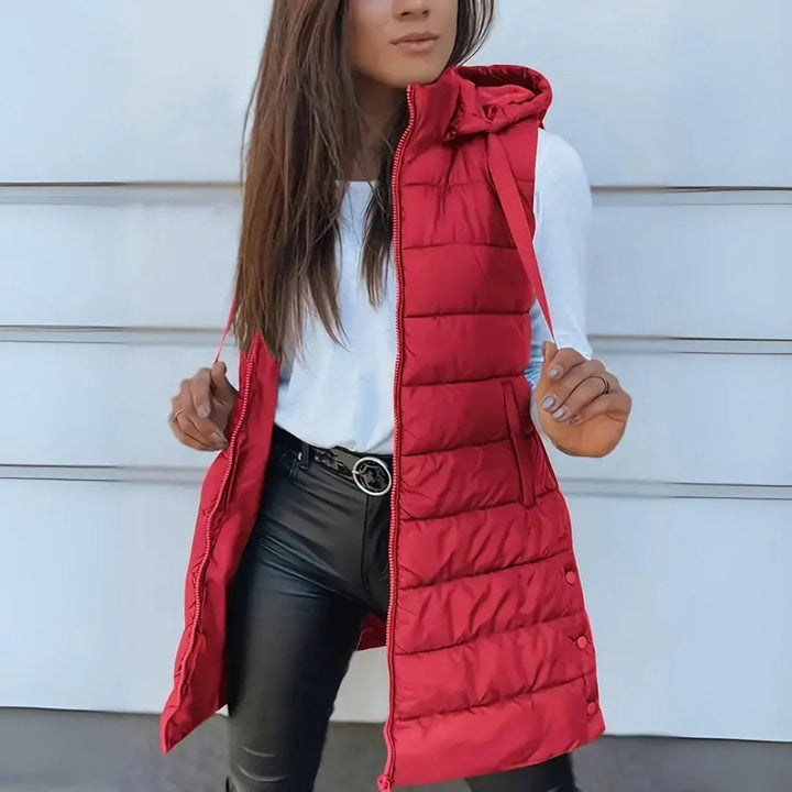 Women's Hooded Long Sleeveless Puffer Vest Lightweight Layering Gilet - Red