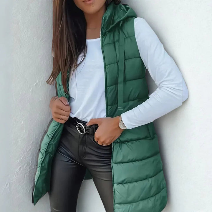 Women's Hooded Long Sleeveless Puffer Vest Lightweight Layering Gilet - Green