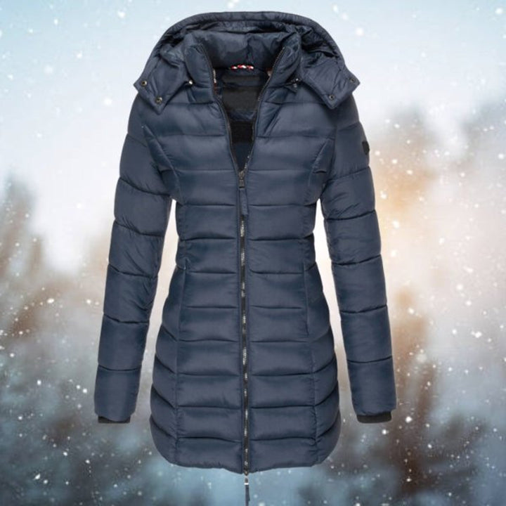 Women's Hooded Longline Quilted Jacket Zip-Up Puffer Coat - Navy Blue