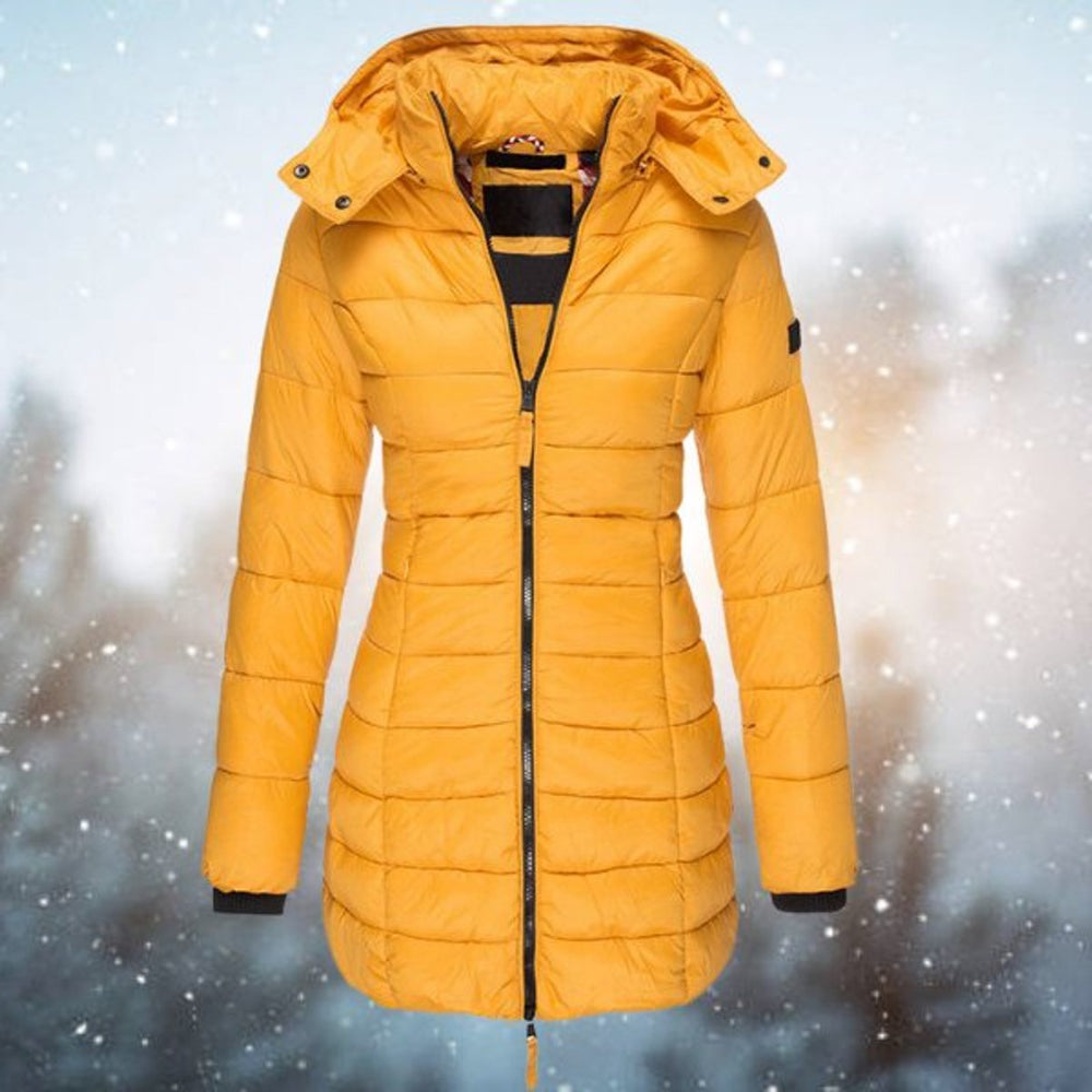 Women's Hooded Longline Quilted Jacket Zip-Up Puffer Coat - Yellow