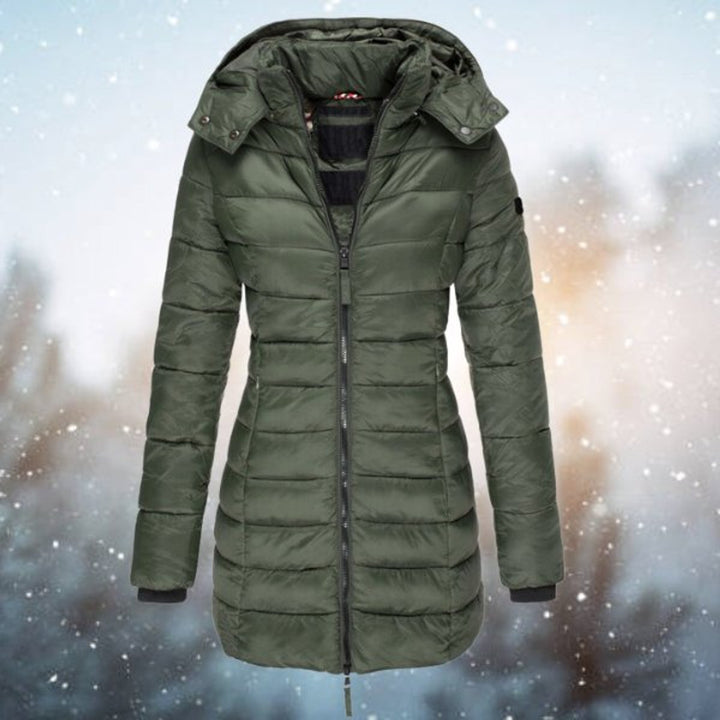 Women's Hooded Longline Quilted Jacket Zip-Up Puffer Coat - Green