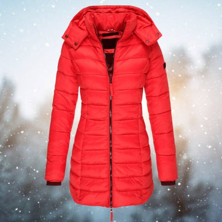 Women's Hooded Longline Quilted Jacket Zip-Up Puffer Coat - Red