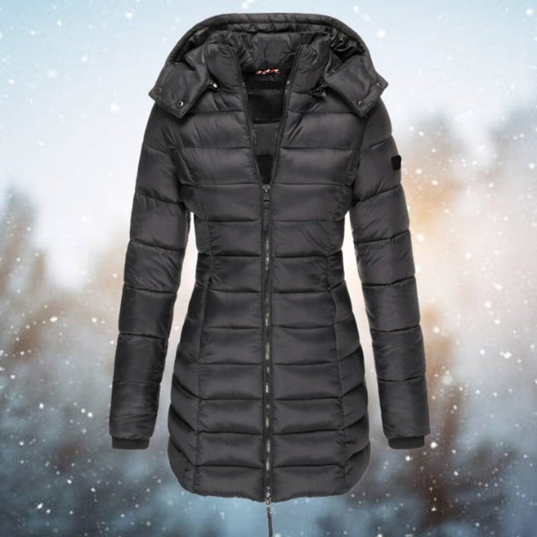 Women's Hooded Longline Quilted Jacket Zip-Up Puffer Coat - Black