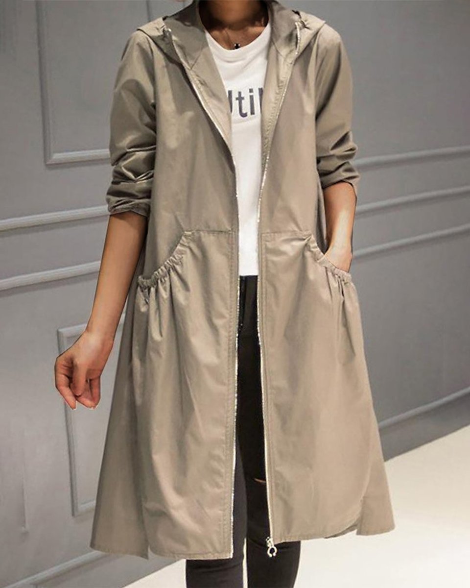 Women's Hooded Waterproof Long Zip-Up Trench Coat - Khaki