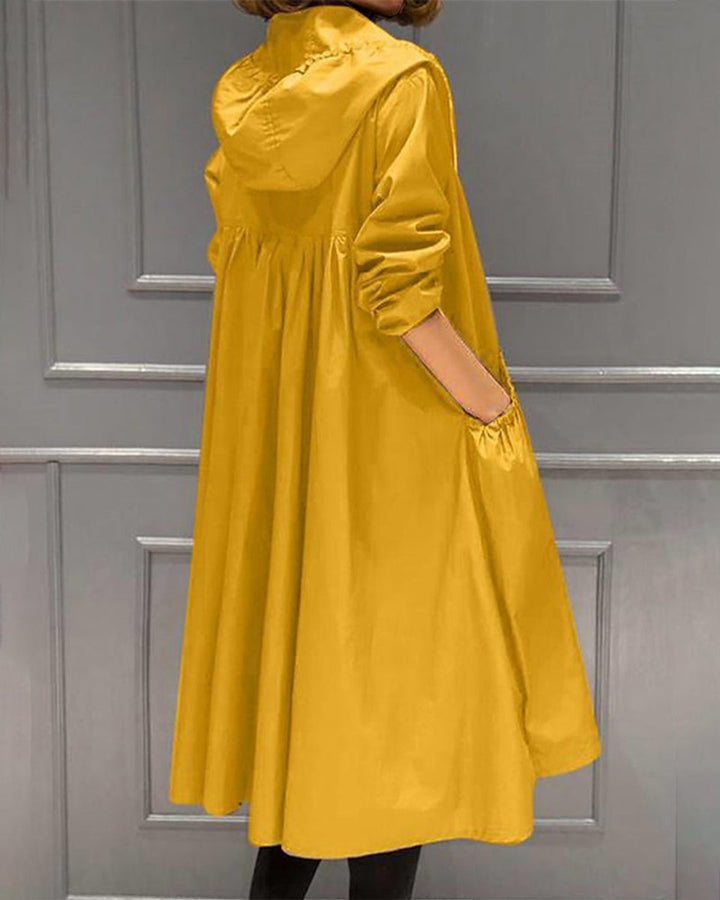 Women's Hooded Waterproof Long Zip-Up Trench Coat - Yellow