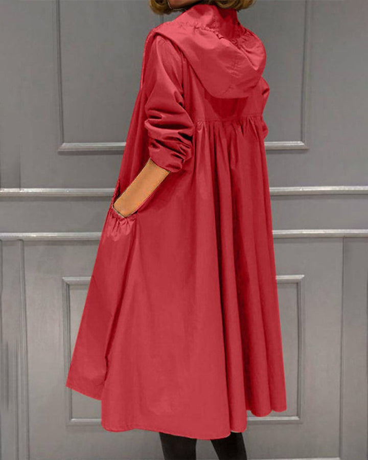 Women's Hooded Waterproof Long Zip-Up Trench Coat - Red
