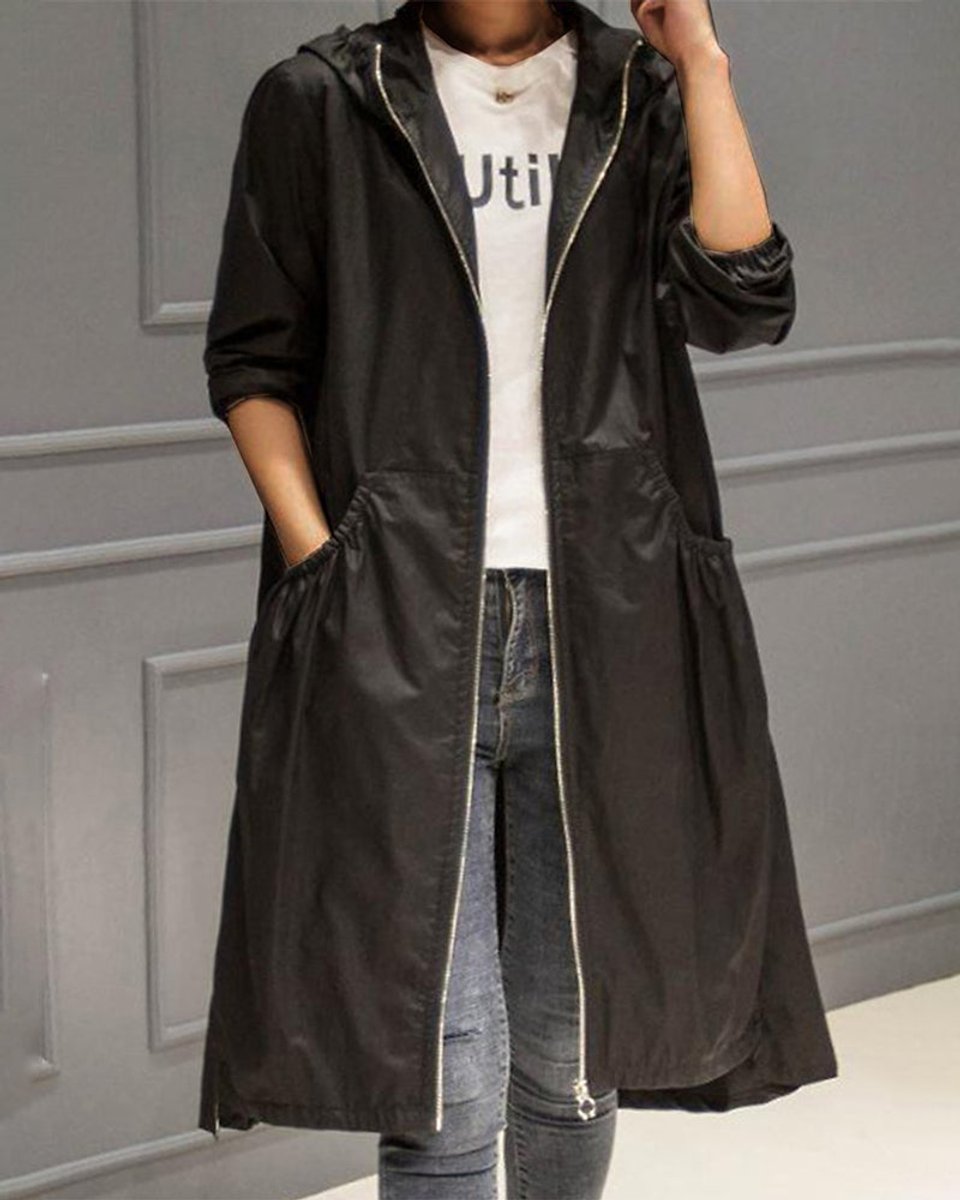 Women's Hooded Waterproof Long Zip-Up Trench Coat - Black