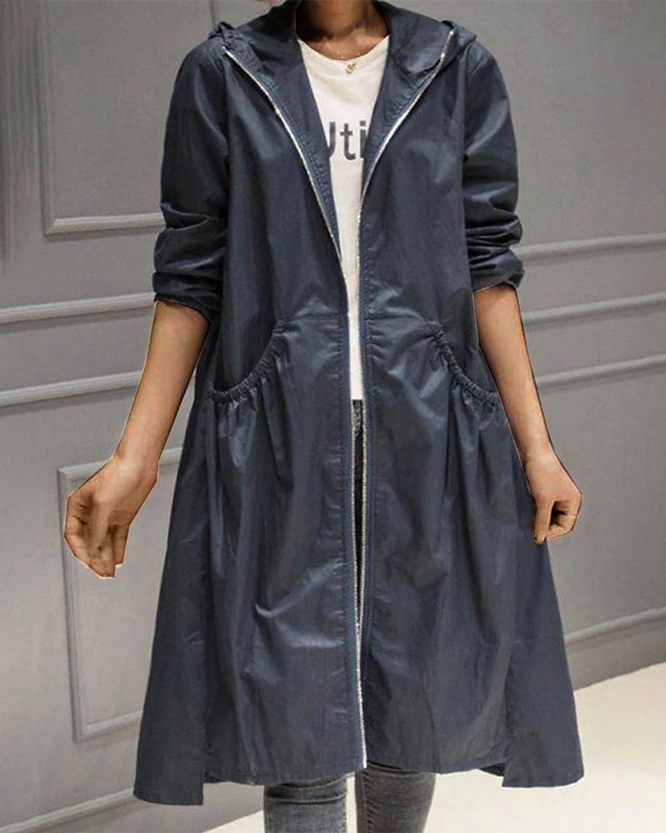 Women's Hooded Waterproof Long Zip-Up Trench Coat - Navy Blue