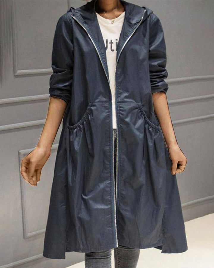 Women's Hooded Waterproof Long Zip-Up Trench Coat - Navy Blue