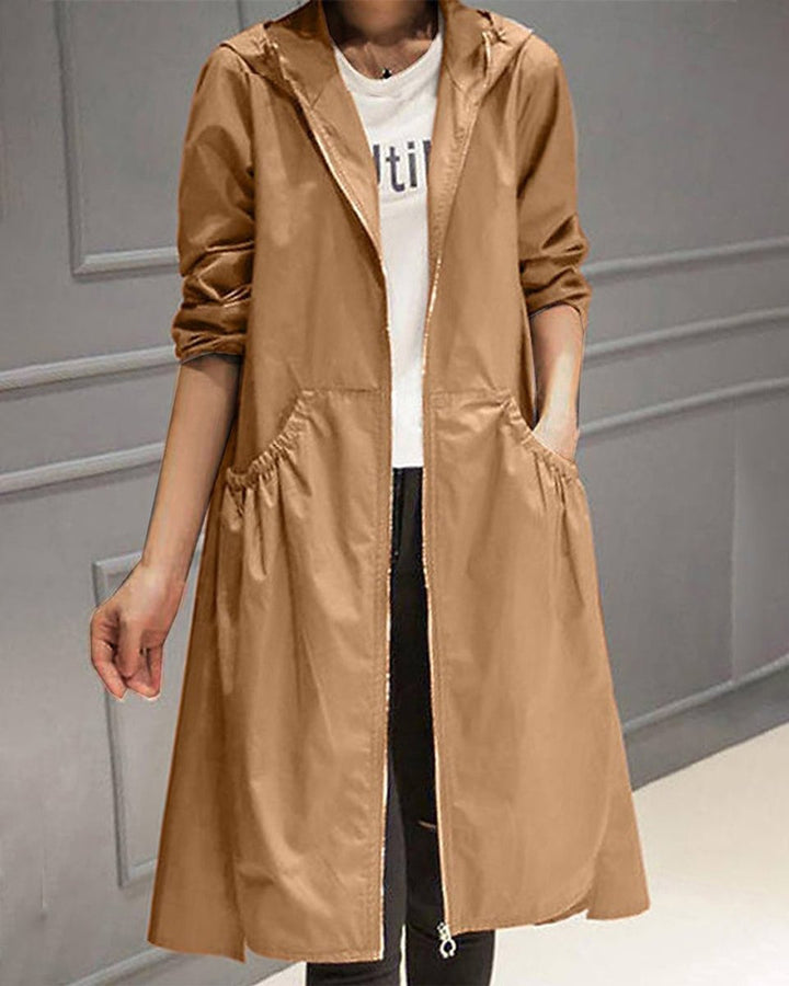 Women's Hooded Waterproof Long Zip-Up Trench Coat - Brown