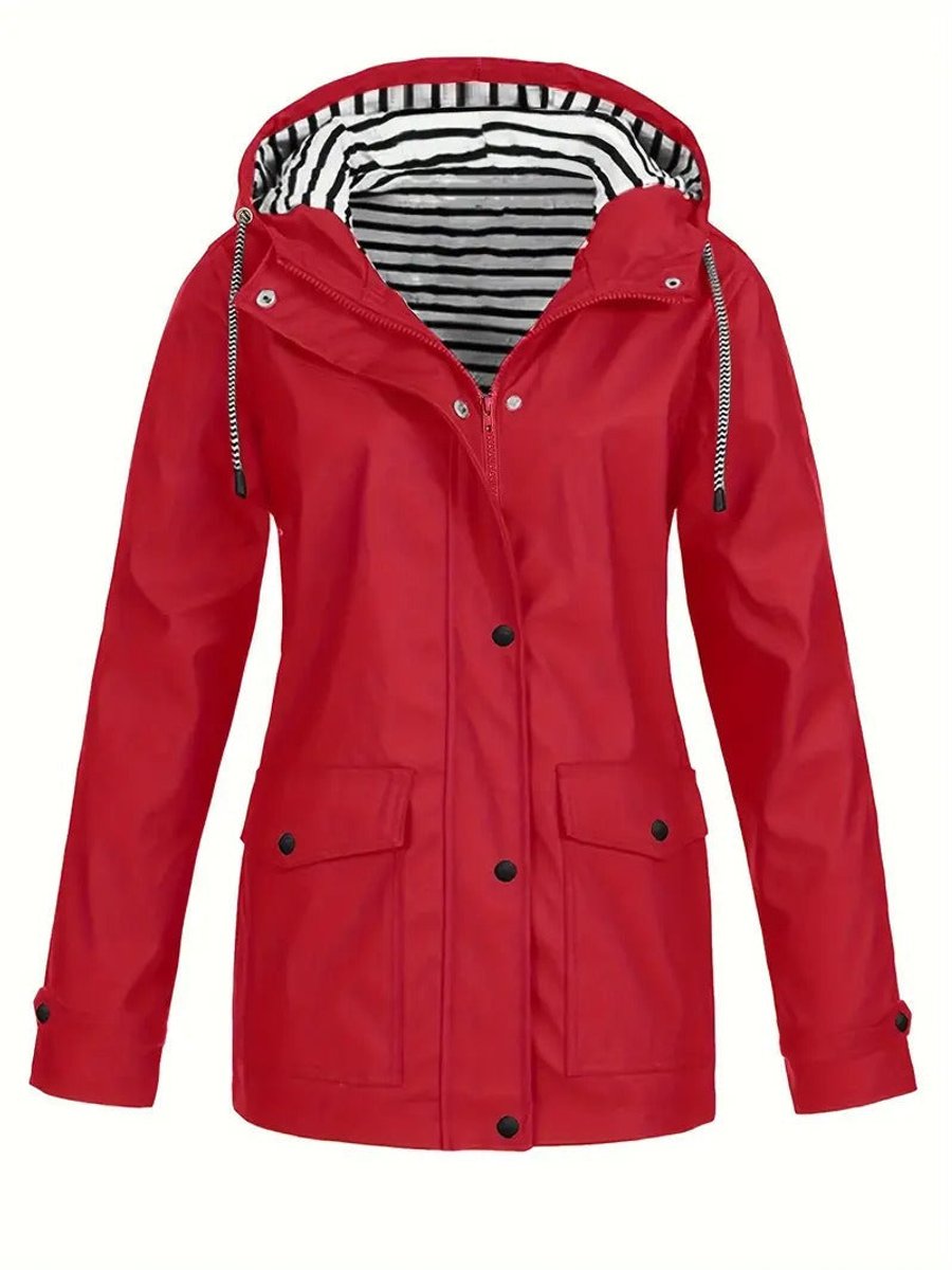 Women's Hooded Zip-Up Striped-Lined Polyester Rain Coat - Red