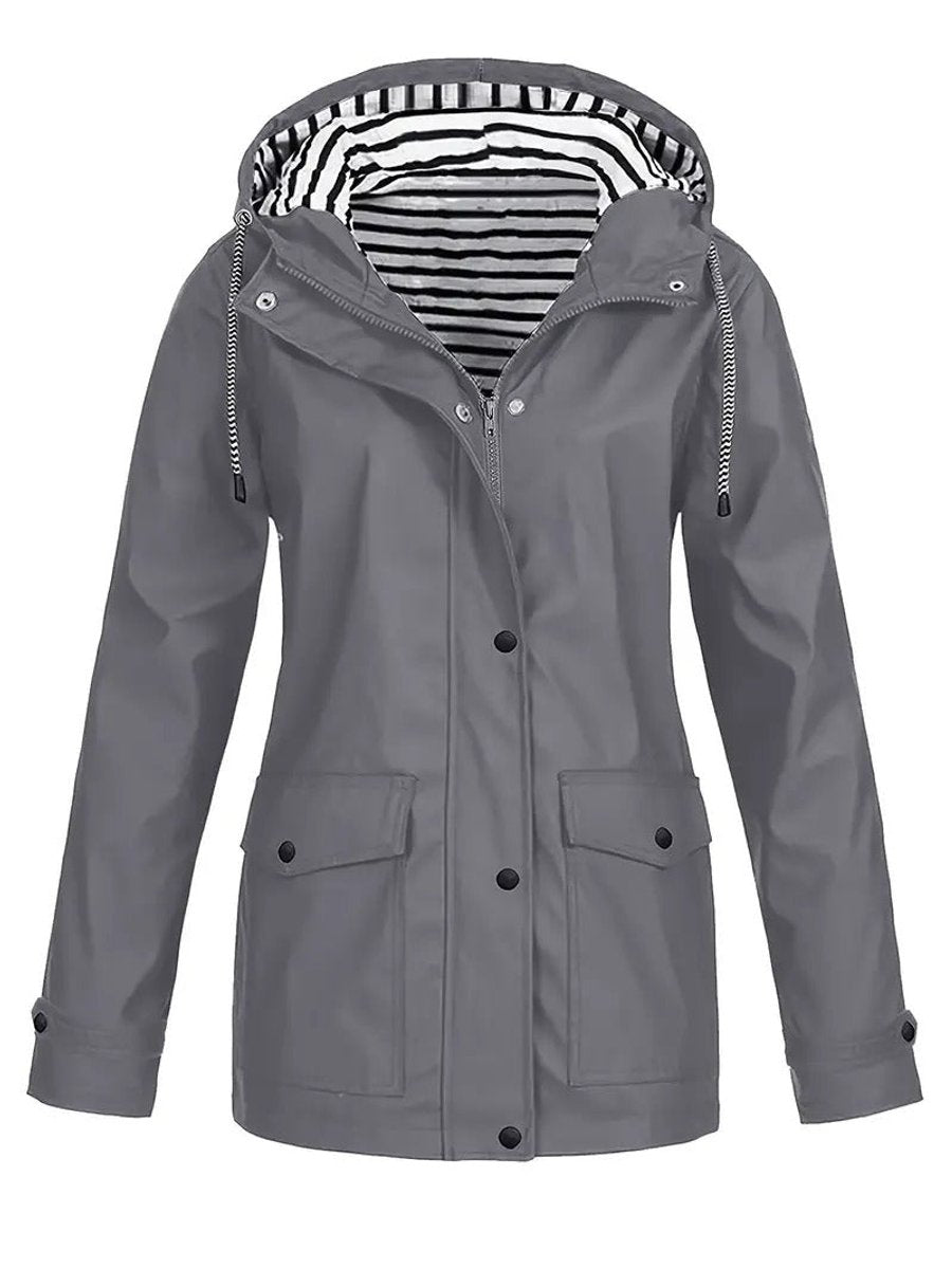 Women's Hooded Zip-Up Striped-Lined Polyester Rain Coat - Grey