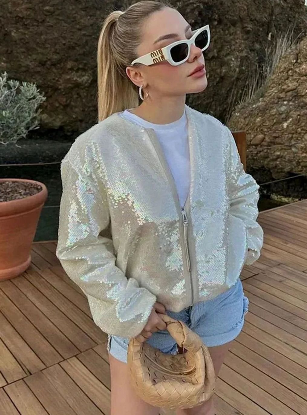 Women's Iridescent Sequin Zip-Up Light Bomber Jacket - Ivory