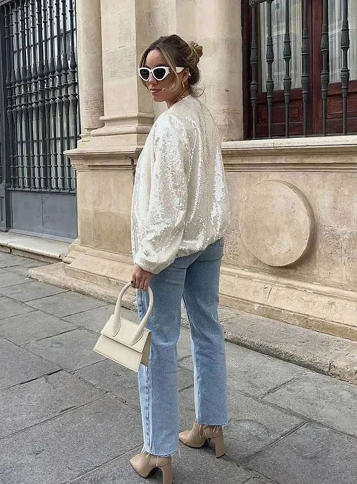 Women's Iridescent Sequin Zip-Up Light Bomber Jacket