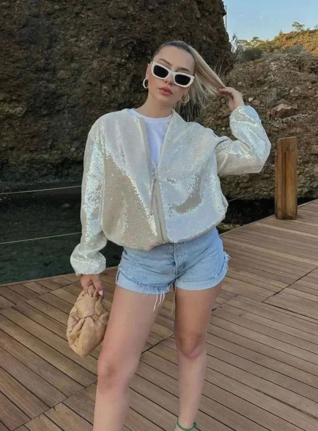 Women's Iridescent Sequin Zip-Up Light Bomber Jacket
