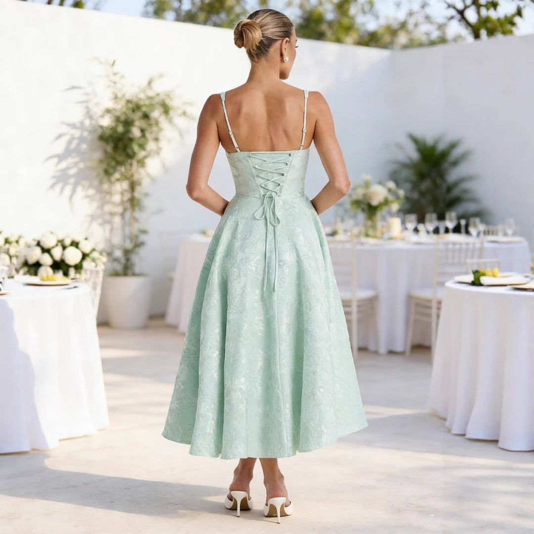 Women's Jacquard Corset Bodice Flared Midi Cocktail Dress