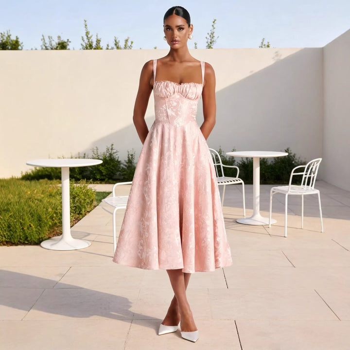 Women's Jacquard Corset Bodice Flared Midi Cocktail Dress