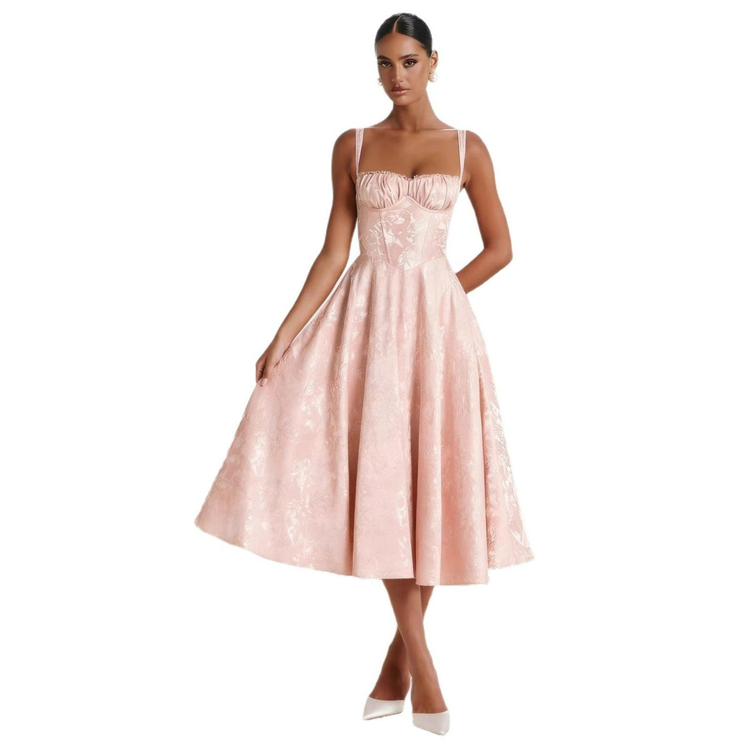 Women's Jacquard Corset Bodice Flared Midi Cocktail Dress