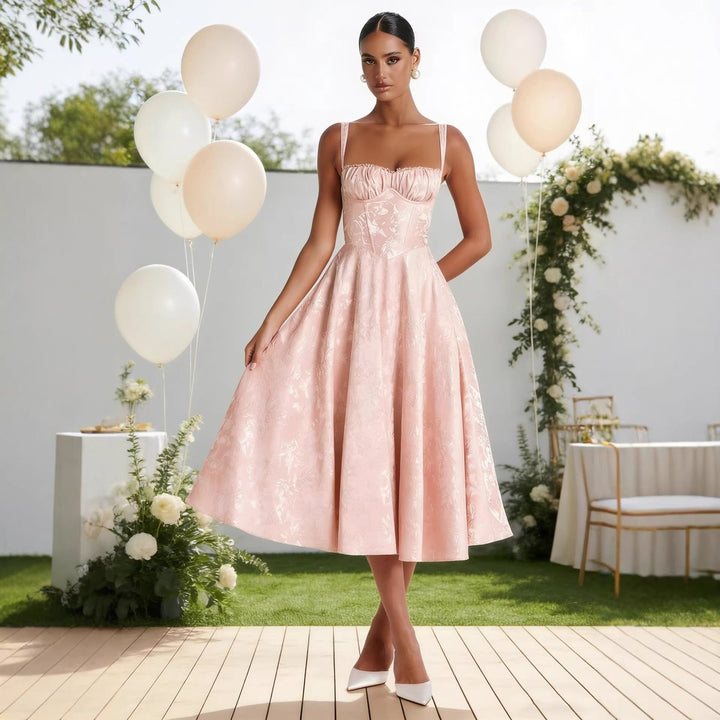 Women's Jacquard Corset Bodice Flared Midi Cocktail Dress - Pink
