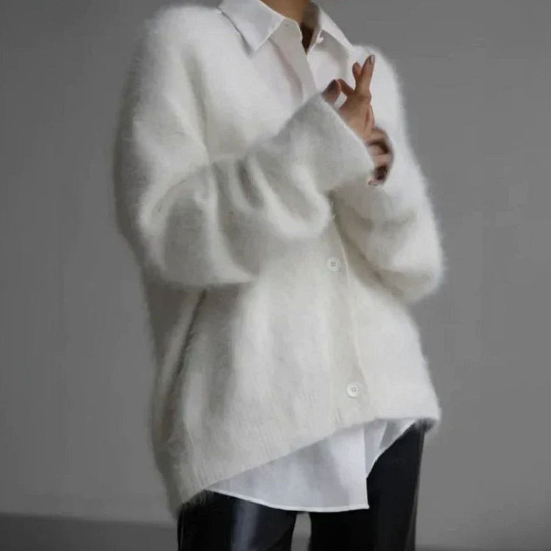 Women's Jumper Fluffy V-Neck Button-Front Oversized Cardigan - White