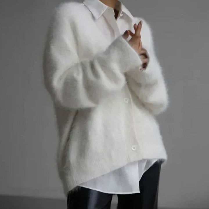 Women's Jumper Fluffy V-Neck Button-Front Oversized Cardigan - White