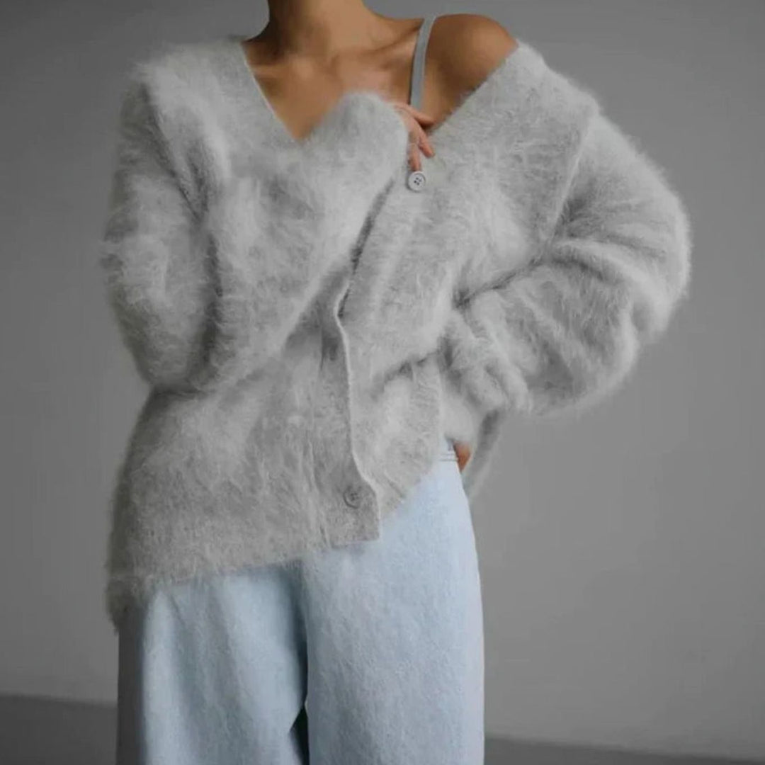 Women's Jumper Fluffy V-Neck Button-Front Oversized Cardigan - Sterling Grey