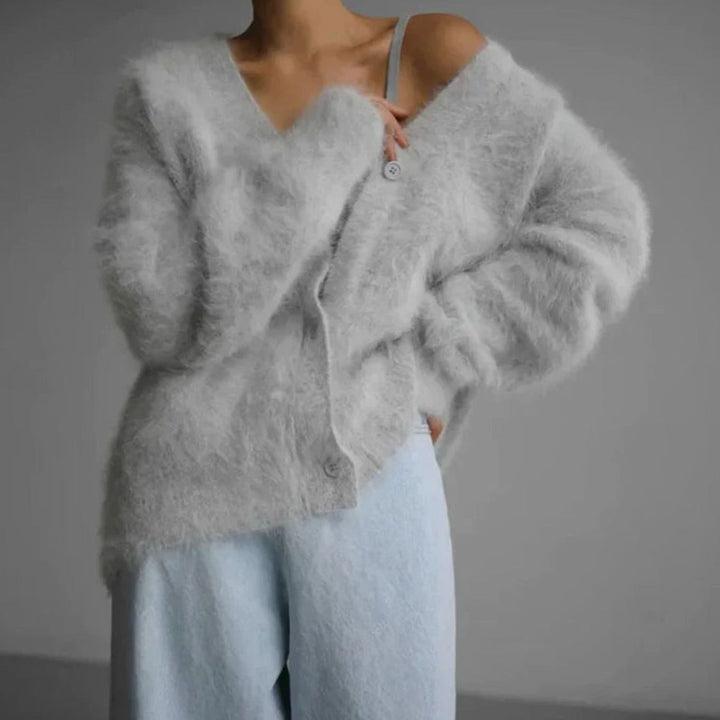 Women's Jumper Fluffy V-Neck Button-Front Oversized Cardigan - Sterling Grey