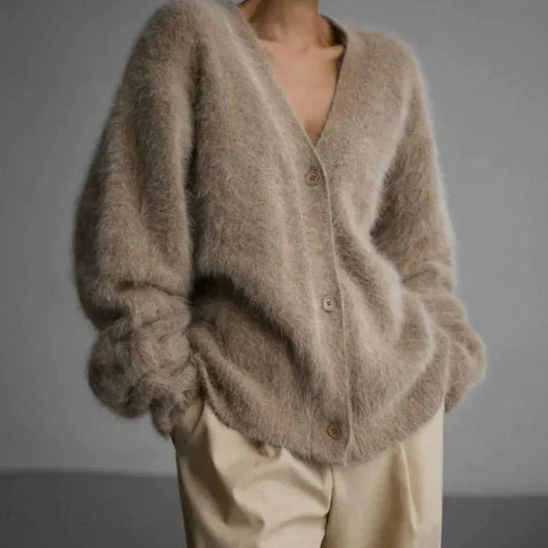 Women's Jumper Fluffy V-Neck Button-Front Oversized Cardigan - Taupe