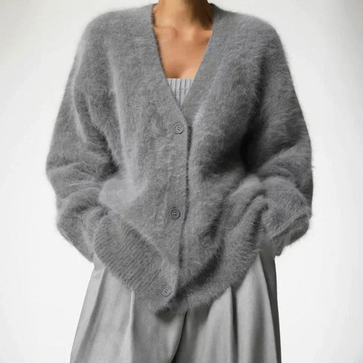 Women's Jumper Fluffy V-Neck Button-Front Oversized Cardigan - Grey