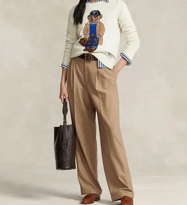 Women's Jumper Knit Bear Motif Crew-Neck Pullover Sweater
