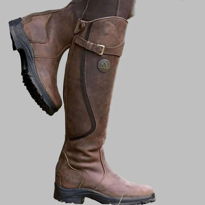 Women's Knee-High Orthopaedic Buckle Leather Boots - Dark Brown