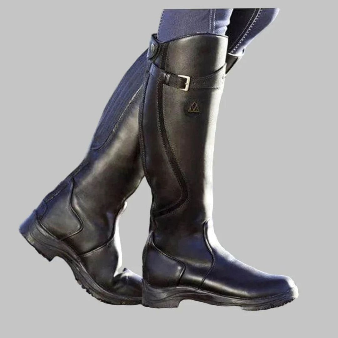 Women's Knee-High Orthopaedic Buckle Leather Boots - Black