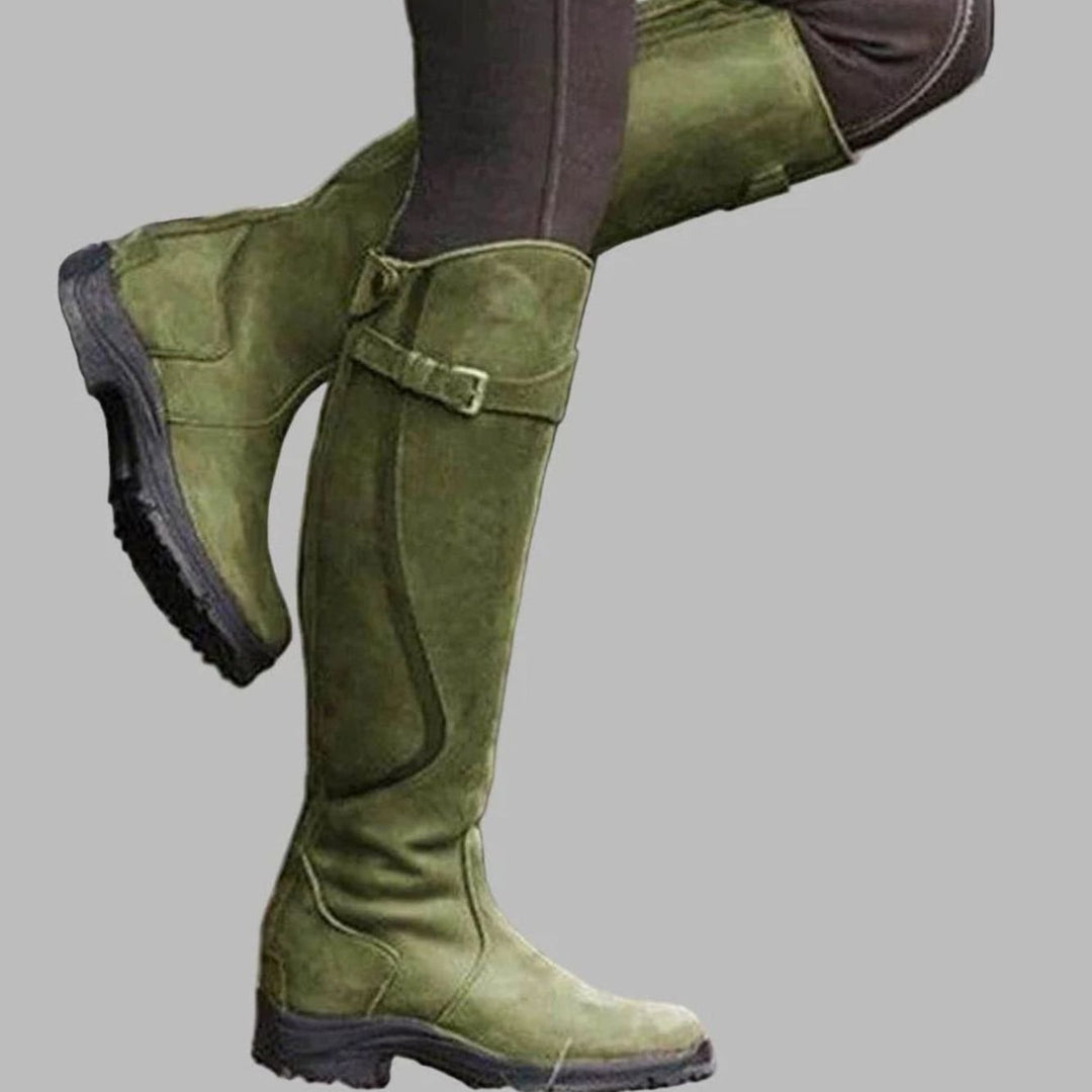 Women's Knee-High Orthopaedic Buckle Leather Boots - Green