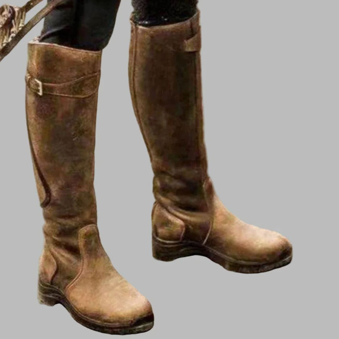 Women's Knee-High Orthopaedic Buckle Leather Boots - Brown