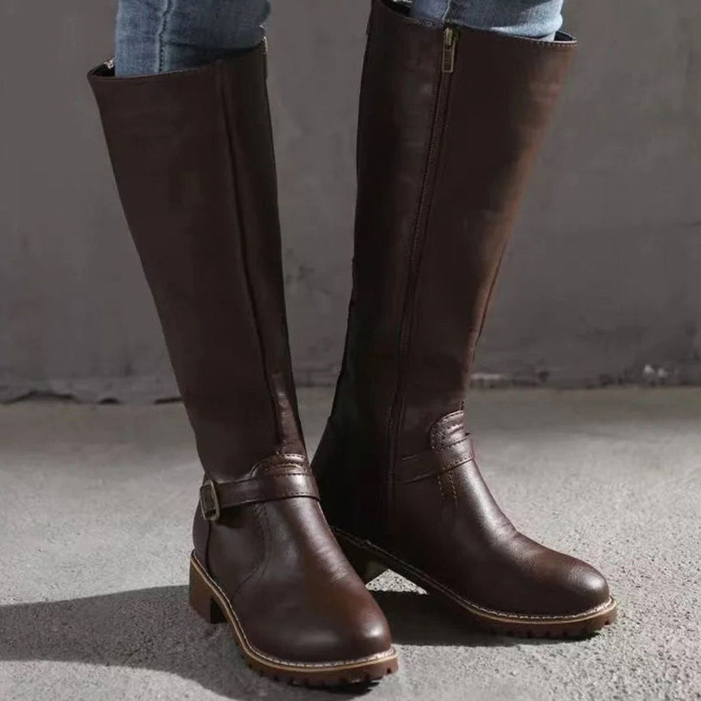 Women's Knee-High Orthopedic Buckle Leather Boots - Dark Brown