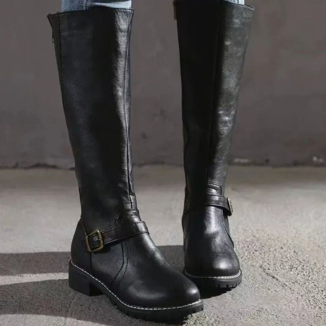 Women's Knee-High Orthopedic Buckle Leather Boots - Black