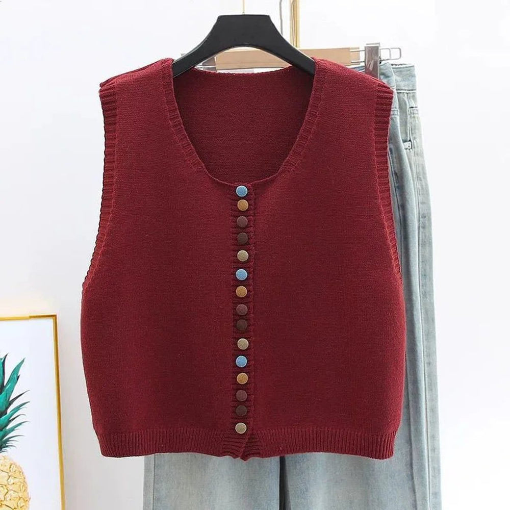 Women's Knit Button-Front Sleeveless Vest Cropped Cardigan - Burgundy
