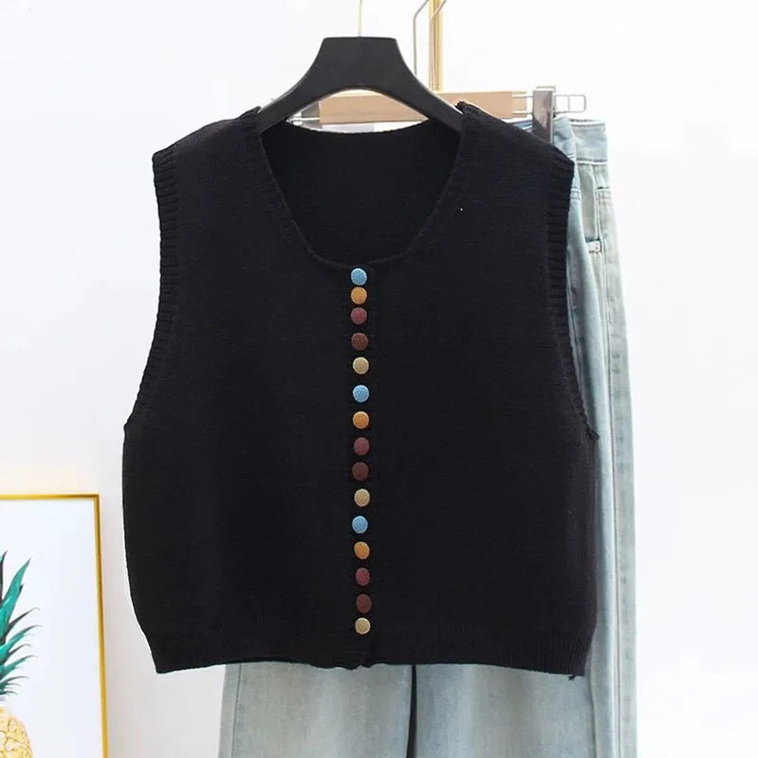 Women's Knit Button-Front Sleeveless Vest Cropped Cardigan - Black