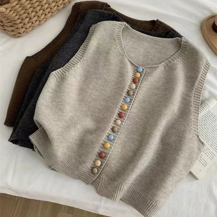 Women's Knit Button-Front Sleeveless Vest Cropped Cardigan