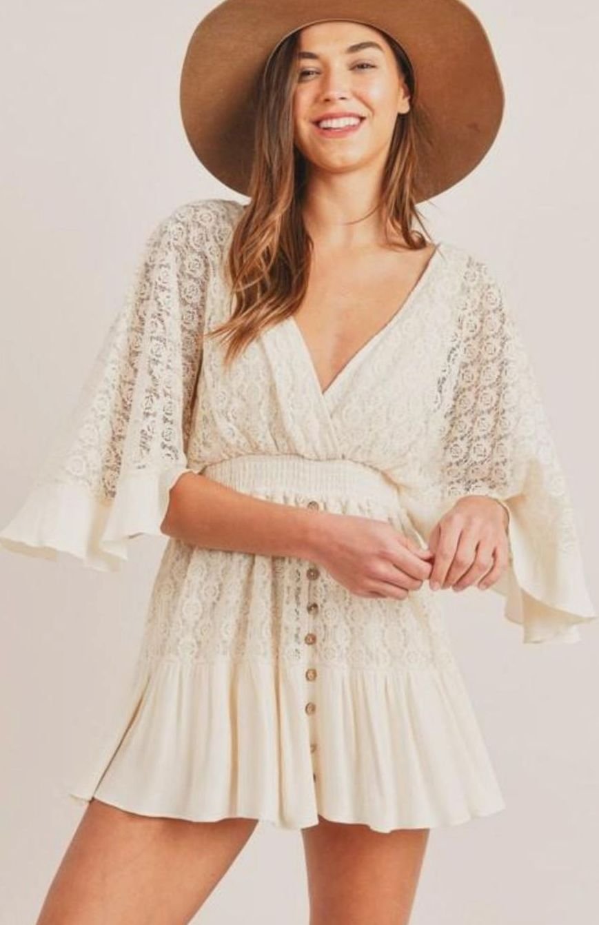 Women's Lace Bell-Sleeve Cinched-Waist Mini Dress - Beige