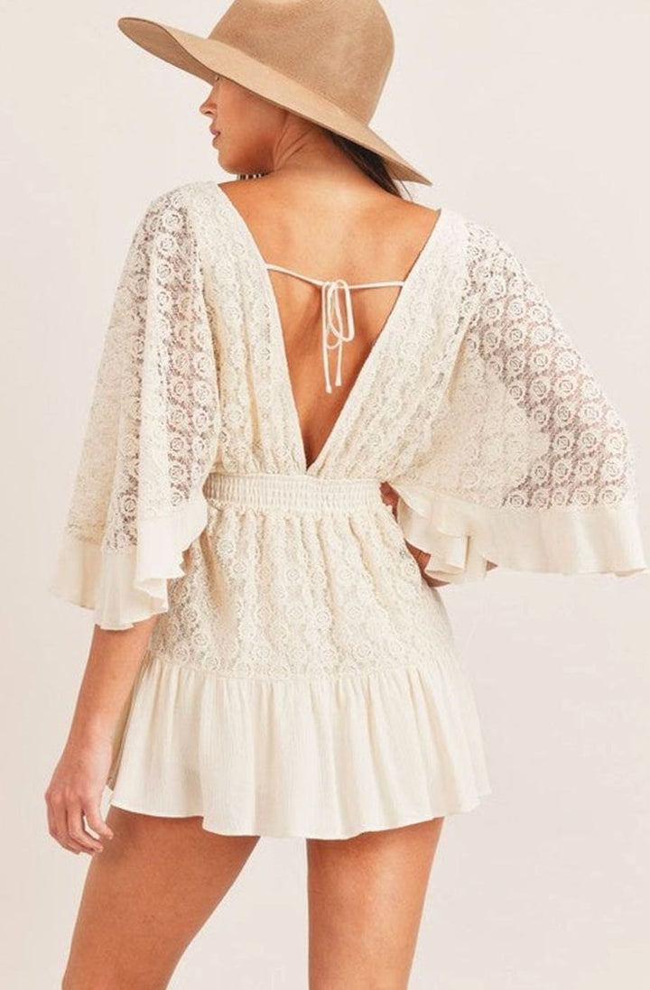 Women's Lace Bell-Sleeve Cinched-Waist Mini Dress