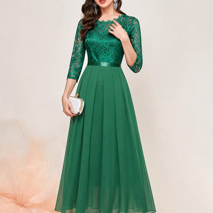 Women's Lace Bodice Quarter-Sleeve Pleated Formal Dresses Maxi Gown - Green
